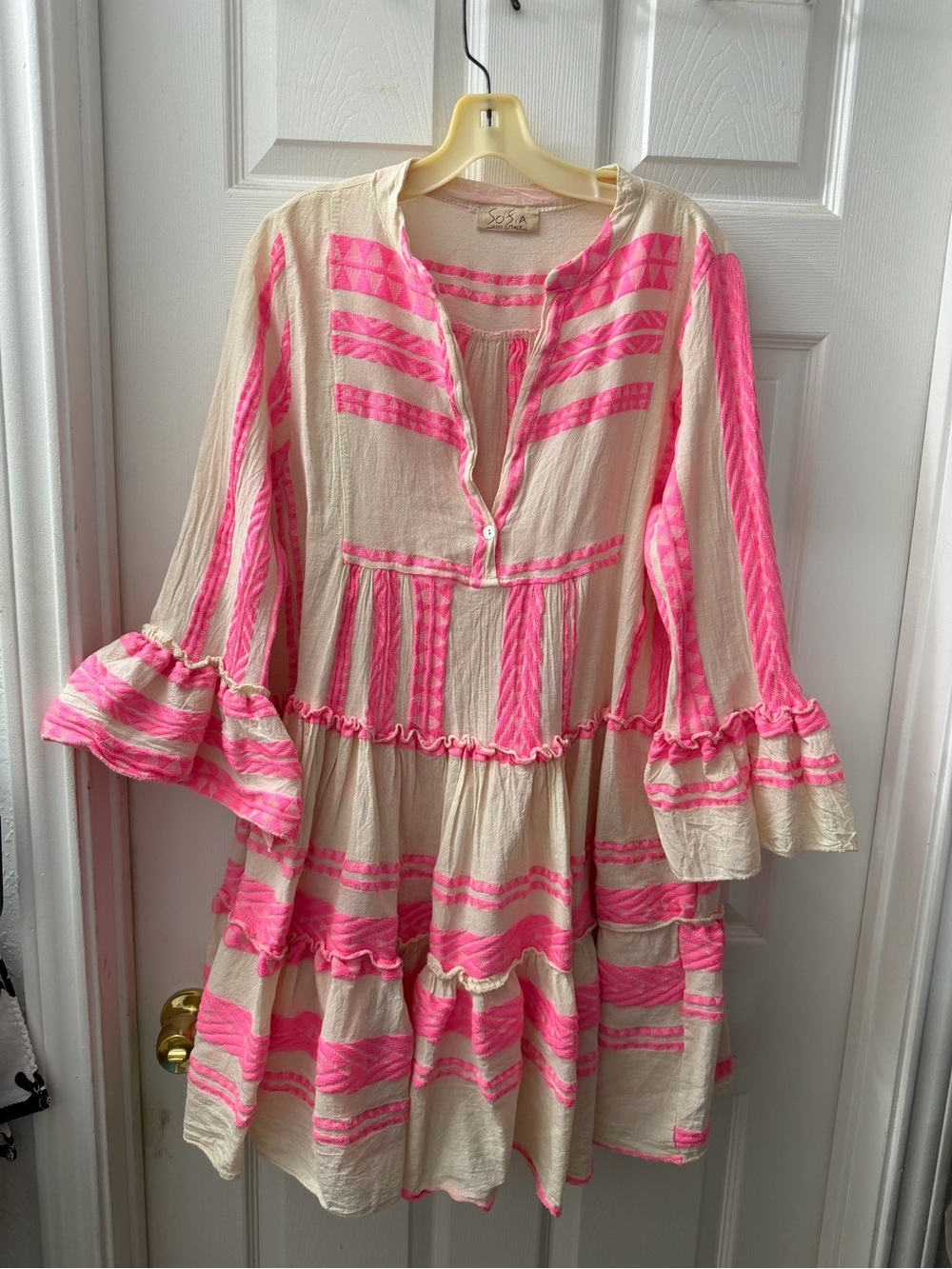 Cream and Hot Pink Embroidered Tiered women Dress